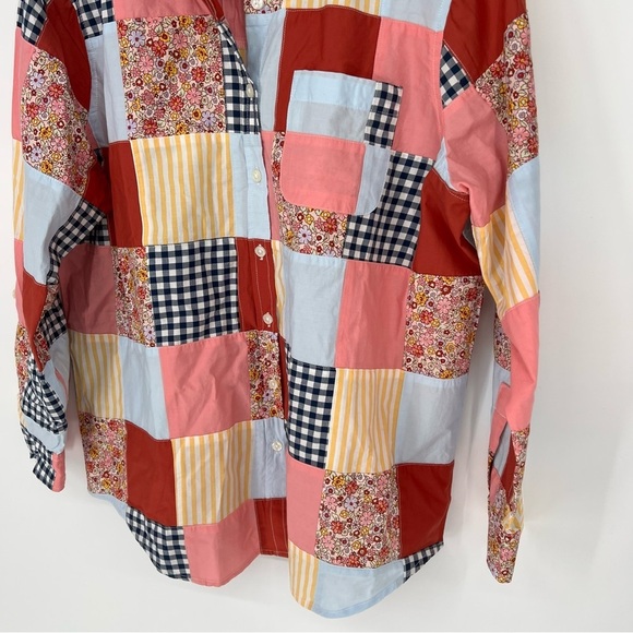 Lands' End Red Pink Casual Button Down Shirt Patchwork Poplin Boyfriend Quilt - Picture 3 of 10